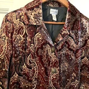 CHICO'S Velvet Silk blend Burgundy Gold Sequined Jacket Blazer Size 1 Small